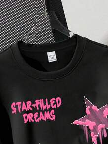 SHEIN Camiseta negra oversize de manga corta con estampado de estrella para niñas adolescentes, casual y cómoda para el verano - Negro - Ver 3