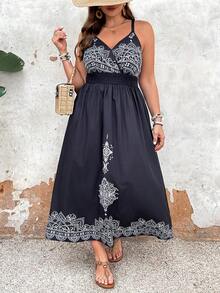 SHEIN VCAY Plus Size Retro Printed Black Butterfly Splicing Dress With Straps, Perfect For Vacation - Black - View 5