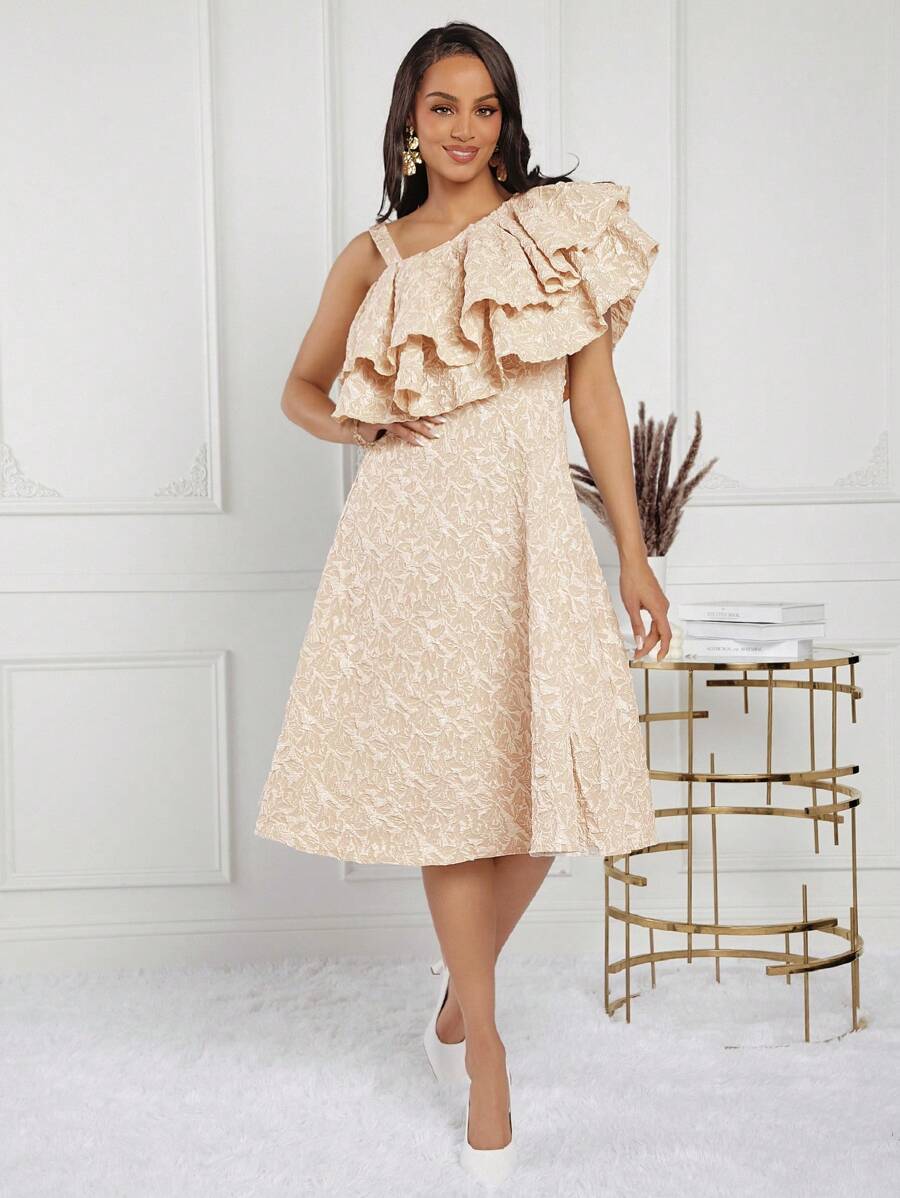 SHEIN Lady 女士不對稱肩褶邊中長禮服，夏季婚宴賓客服裝 - 杏色 - 查看 1