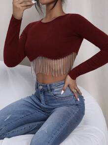 EURMUSE Rhinestone Fringe Hem Crop Sweater - Brown - View 4