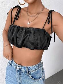 Women's Fashionable Ruched Crop Top With Spaghetti Straps, Summer - Black - View 4