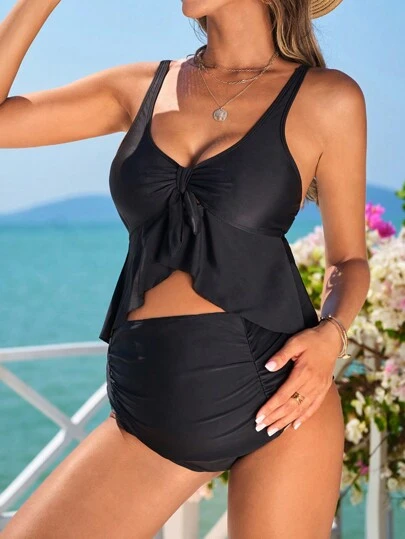 SHEIN Maternity Solid Color Ruffle Decorated Tankini, Maternity Bathing Suit Summer