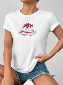 SHEIN EZwear Women's Casual Short Sleeve T-Shirt With Cupcake Print, Summer