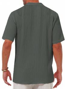 男士修身瓜亚贝拉短袖休闲衬衫、夏季婚礼沙滩上衣 - 墨綠色 - 查看 4