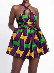 Women's Beach Halter Neck Printed Jumpsuit For Spring & Summer - Multicolor - View 1