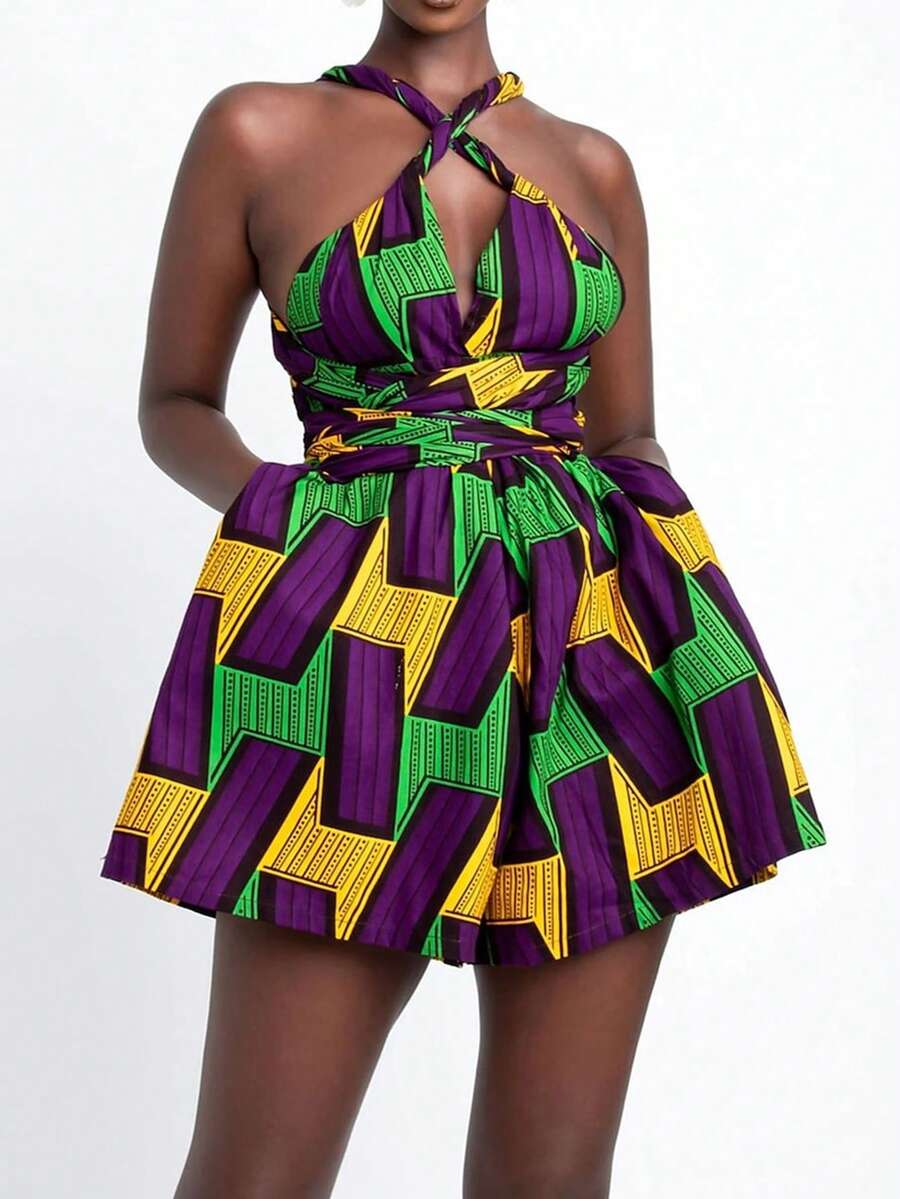 Women's Beach Halter Neck Printed Jumpsuit For Spring & Summer - Multicolor - View 1