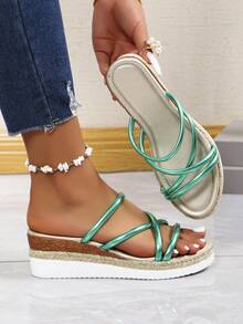 女士休閒綁帶繩楔形涼鞋，開放式設計平台拖鞋，舒適防滑 - 橄欖綠 - 查看 1