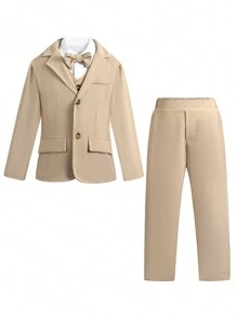 SHEIN 4pcs/Set Young Boy Gentleman Suit, Including Jacket, Vest, Pants, And Bow Tie. Suitable For Parties And Back-To-School Ceremonies. - Khaki - View 1