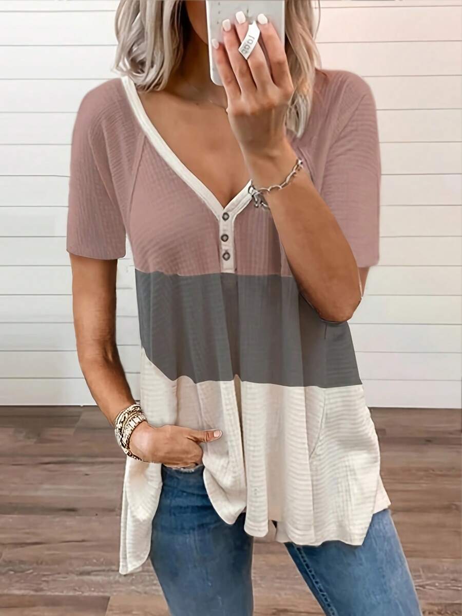 SHEIN LUNE Women's Summer V-Neck Multi-Color Patchwork Batwing Sleeve T-Shirt - Apricot - View 1