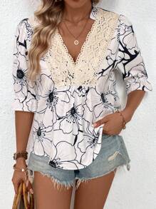 Breezaya Floral Print Contrast Lace V-Neck Blouse