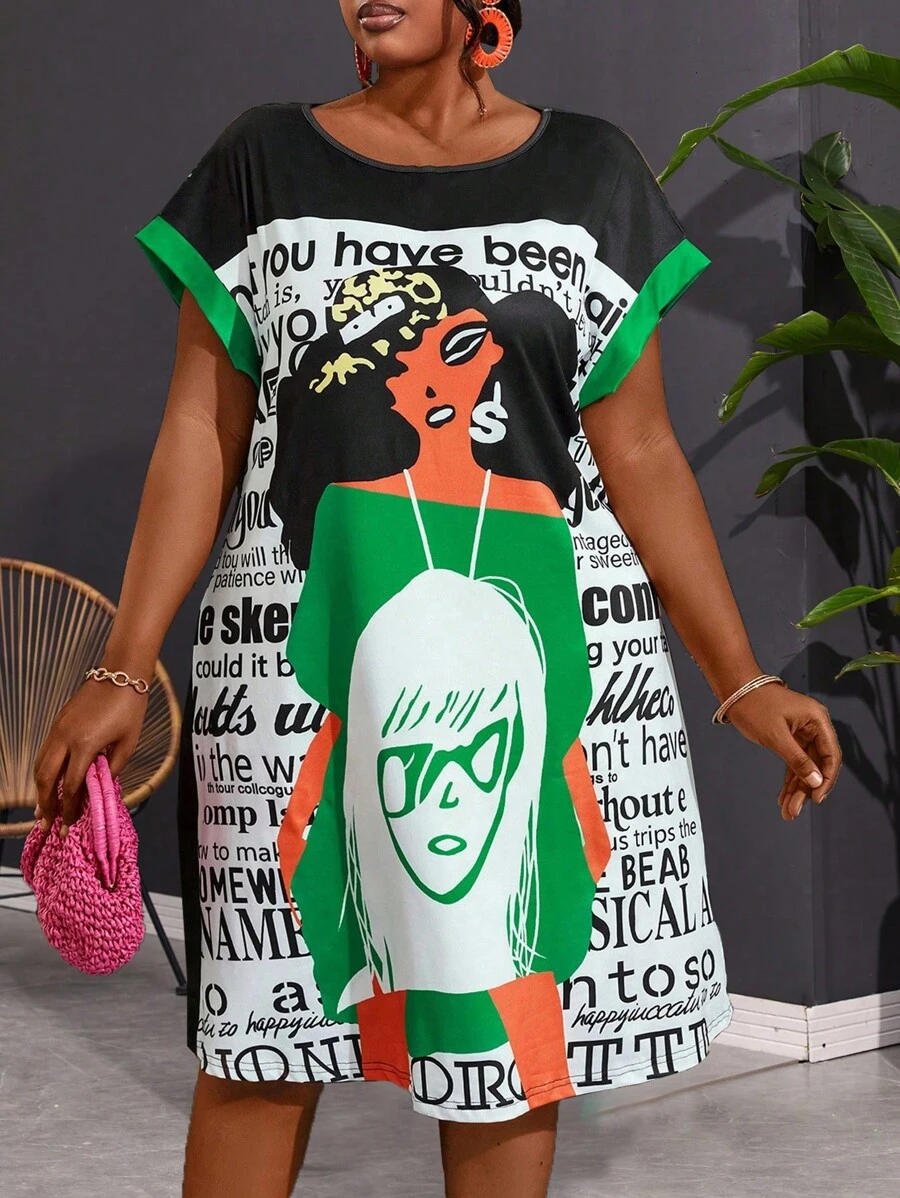 Maweii Plus Size Mùa hè Áo thun ngắn tay cánh dơi có họa tiết khẩu hiệu và hình - màu xanh lá - Xem 1