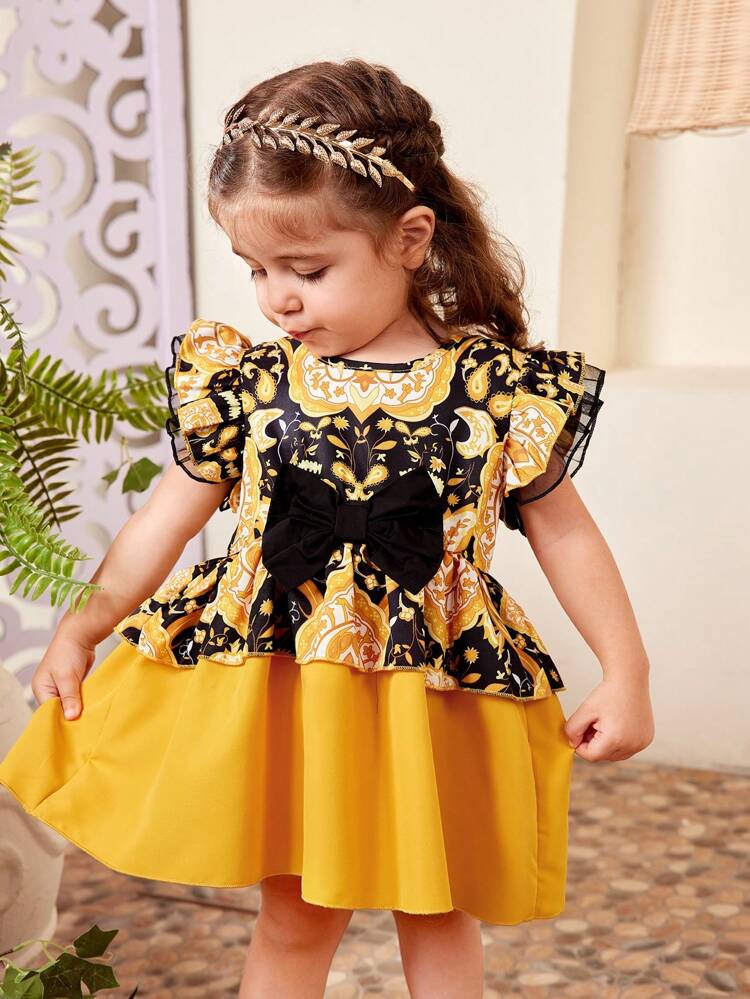 Baby Girls' Spring Summer New Paisley Print Cap Sleeve Dress With Bow, Cute Elegant Gorgeous Daily Casual Dress