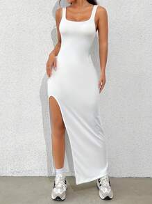 SHEIN EZwear Weißes ärmelloses Bodycon-Kleid mit gestricktem Muster und hohem Schlitz für den Sommer - Weiss - Übersicht 5