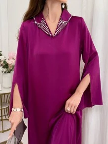 Al Najma 女士纯色简约日常阿拉伯连衣裙，开衩喇叭袖，春夏，优雅朴素长袖全长卡夫坦连衣裙，优雅晚会连衣裙 - 中紫紅色 - 查看 4