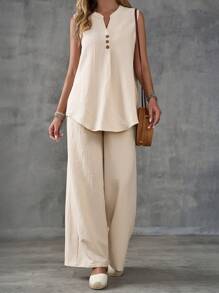 EMERY ROSE Set di canotta senza maniche in tessuto a trama e pantaloni a gamba larga con design a fessura con bottoni per donne