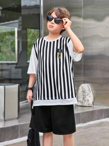 Tween Boy 2 peças/conjunto de ajuste solto casual listrado 2 em 1 camiseta de manga curta e shorts - Preto - Ver 4