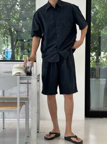 DAZY 男式夏季休閒純色短袖襯衫和短褲套裝