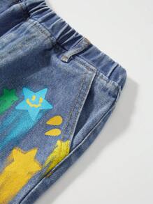 SHEIN Jean ample décontracté de couleur imprimé étoile pour garçon jeune, sac leger, à la mode pour quotidien et été, vêtements d'été mignons pour l'école - Bleu azur - Voir 8