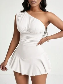 Zolique Women's Summer Solid Color Asymmetrical Neck Ruffle Trimmed Skinny Jumpsuit