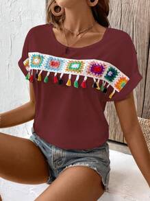 Breezaya Camiseta informal de manga corta y cuello redondo con flecos estampado de flores para las vacaciones de verano de la mujer