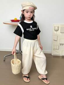 SHEIN Young Girl Casual Solid Color Drawstring Jogger Pants, Summer - Multicolor - View 3