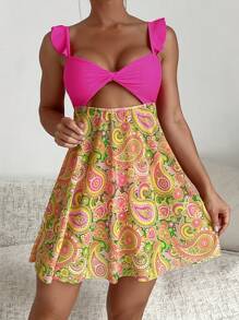 SHEIN Swim 女士海滩度假撞色流苏印花拼接镂空细肩带泳衣夏季 - 彩色 - 查看 3