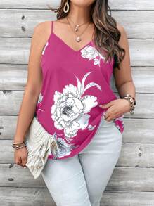 EMERY ROSE 大尺碼女士花卉印花藍白色V領背心上衣，適用於春季