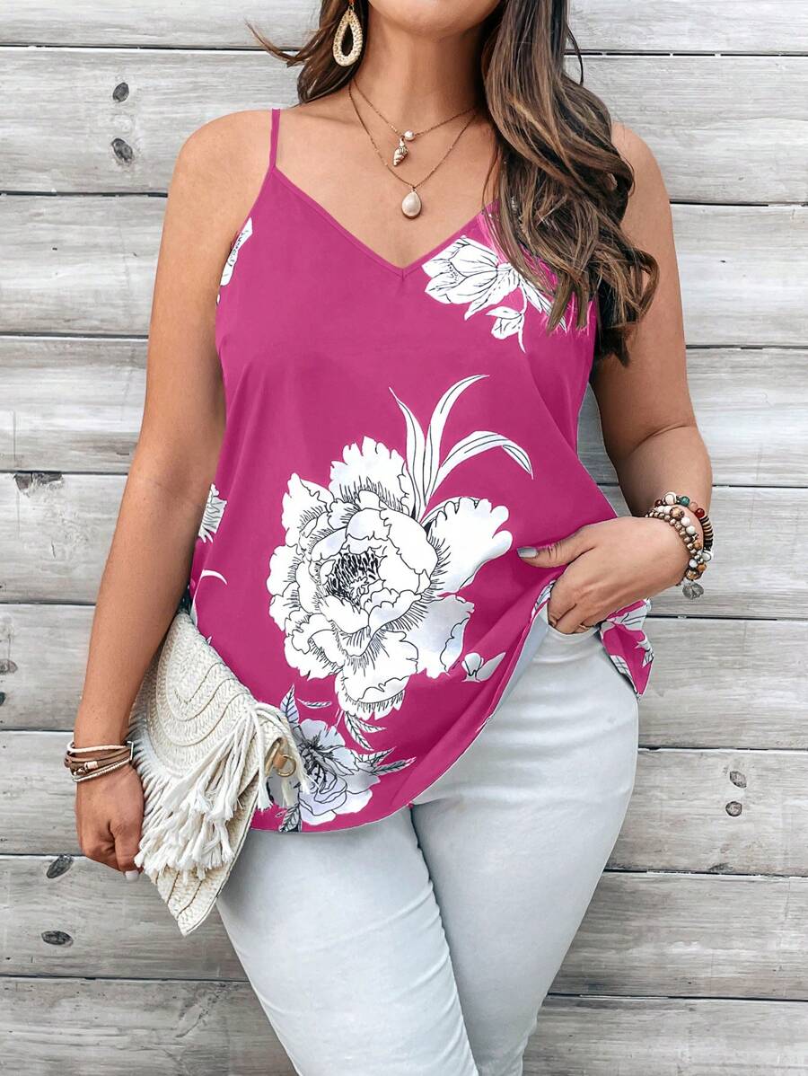 EMERY ROSE 大尺碼女士花卉印花藍白色V領背心上衣，適用於春季