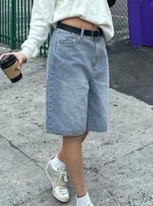 Quần short denim Bermuda dáng rộng thoải mái hàng ngày mùa hè, màu xanh nhạt - Rửa nhẹ - Xem 1