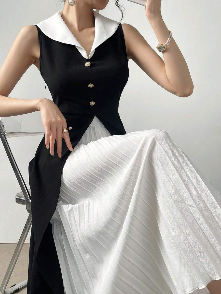 Modelyn Đầm Maxi Không Tay Xếp Ly Màu Tương Phản Thanh Lịch Cho Nữ Mùa Hè Trang Phục Đầm Dạ Hội Dài - Đen và trắng - Xem 1