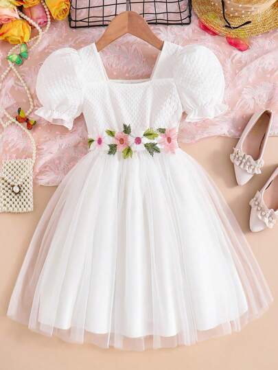 SHEIN Glamorique Kids 年轻女孩婚礼季节白色公主裙配腰带花卉印花，短袖A字形蓬松花童裙，轻便节日连衣裙