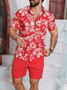 Manfinity RSRT Men's Floral Print Short Sleeve Shirt And Solid Color Shorts Set, Vacation Casual Clothes - Multicolor - View 1