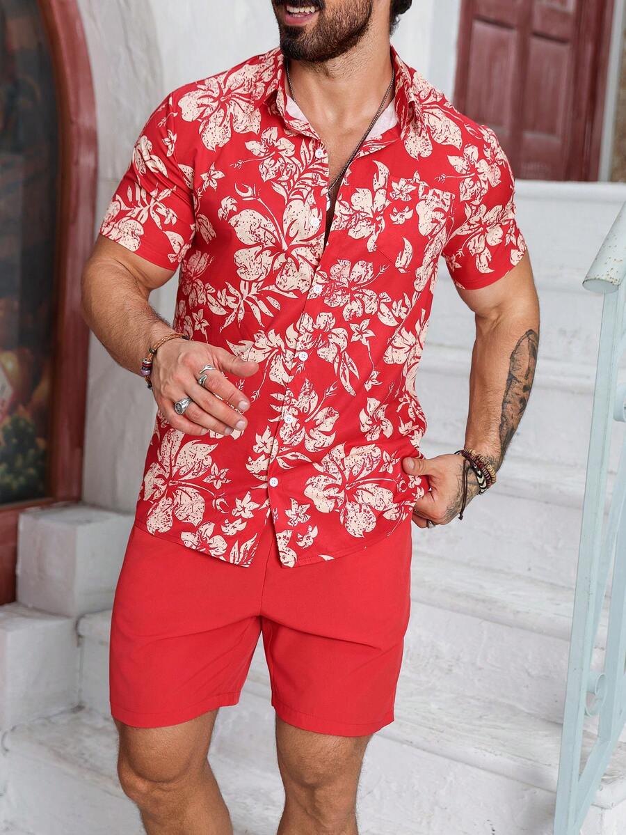 Manfinity RSRT Bộ áo sơ mi ngắn tay in hoa và quần short màu trơn, quần áo thường ngày đi nghỉ mát - Nhiều màu - Xem 1