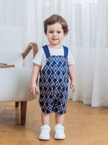 SHEIN Cute Baby Boy/Girl College Style Navy Blue Summer T-Shirt & Jumpsuit Set,Letter Pattern For Family Matching,Birthday Party,Wedding,Baptism Outfit - Multicolor - View 7