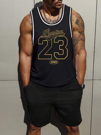 Manfinity LEGND Herren gestricktes Mesh Street Sports Stil Buchstabengrafik ärmelloses Jersey Tank Top, geeignet für den Sommer