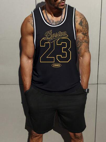 Manfinity ZONE917 男士针织网眼街头运动风格字母图案无袖针织背心，适合夏季