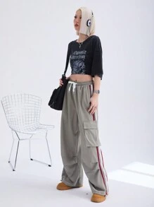 SHEIN Coolane Y2K Cargo Pants Women Fashion Wide Leg Casual Pants Loose Striped Sports Sweatpants Drawstring Parachute Pantsh Trousers - Green - View 7