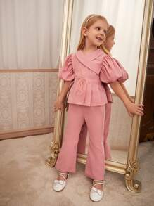 SHEIN Young Girls Solid Color Simple Large Cuff Top Solid Color Pants  2-Piece Outfit Set - Multicolor - View 4