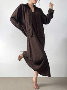 Mulvari 女士简约纯色日常长袖衬衫和吊带裙 2 件套 2 件套 - 咖啡棕 - 查看 8