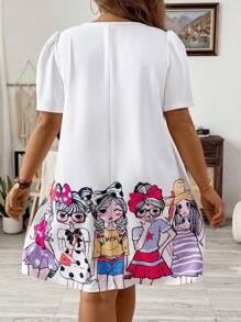 SHEIN LUNE Vestido suelto de talla grande para niñas con lindo estampado y manga abullonada con cuello redondo