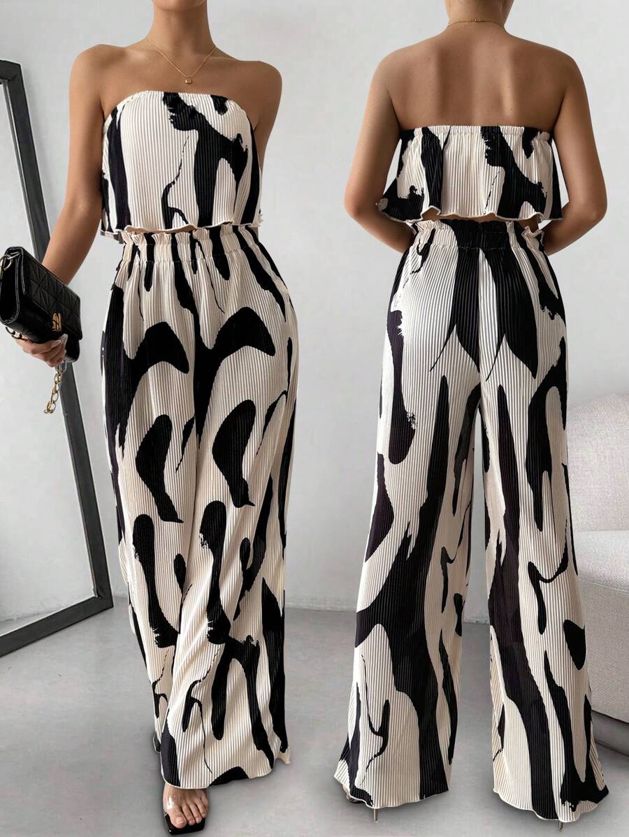 Breezaya 2 件套女士休闲夏季印花皱褶无袖上衣和宽松阔腿裤套装 - 彩色 - 查看 1