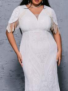 seomiscky Plus Size Women's Fashionable V-Neck Beaded Bodycon Evening Dress - White - View 4