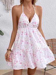 Breezaya Ngày lễ thường ngày Ditsy hoa cut-out thêu Cinching eo hở lưng Halterneck Dress - Hồng - Xem 2