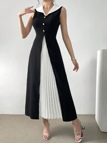 Modelyn Đầm Maxi Không Tay Xếp Ly Màu Tương Phản Thanh Lịch Cho Nữ Mùa Hè Trang Phục Đầm Dạ Hội Dài - Đen và trắng - Xem 5