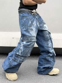 Manfinity Roghcode Jeans denim pour hommes à coupe ample avec design de poche - Bleu azur - Voir 4