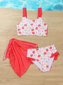 Tween Girl Cute Strawberry Print Bikini Set - Multicolor - View 5