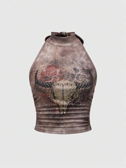 Hippie Blusa de mezclilla estilo occidental con totem para mujer, adornada con ribetes de pedrería