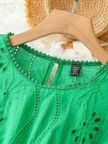 Linhara Plus Size Solid Color Hollow Out Embroidered Short Sleeve Shirt Summer