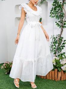 Mulvari Women's Fashion Solid Color Ruffled Sleeve Dress