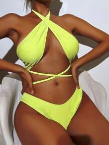 Swim SXY Women's Solid Color Halter Cutout Bikini Set With Neck Straps, Sexy Two-Piece Bikini Set For Vacation Summer Beach